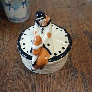 Cream and Black Ceramic Clown Trinket Box with Orange Accents